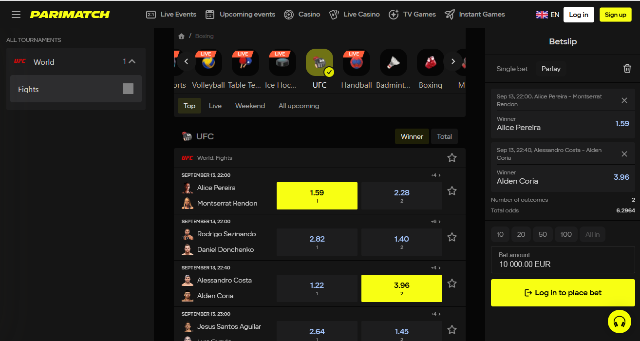 Parimatch India sports betting page with cricket and football markets