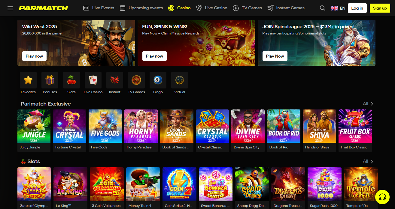 Parimatch India online casino section with slots and table games