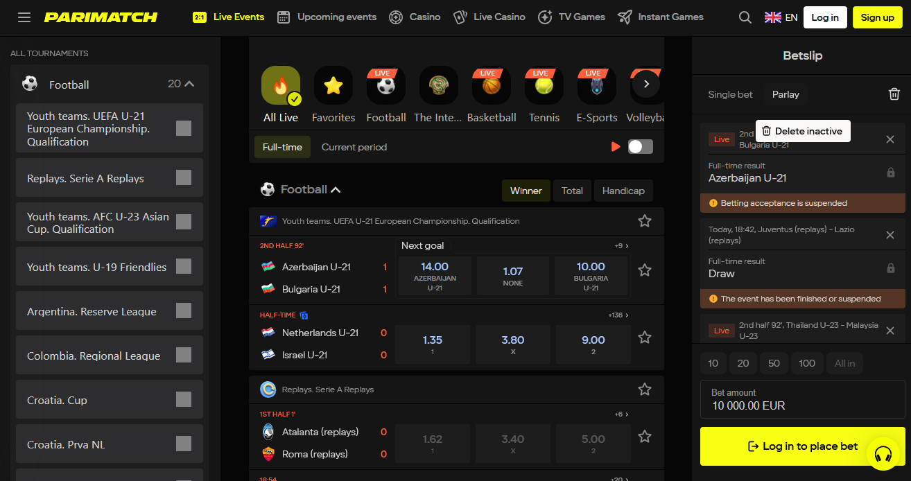 Parimatch India live betting interface with dynamic odds
