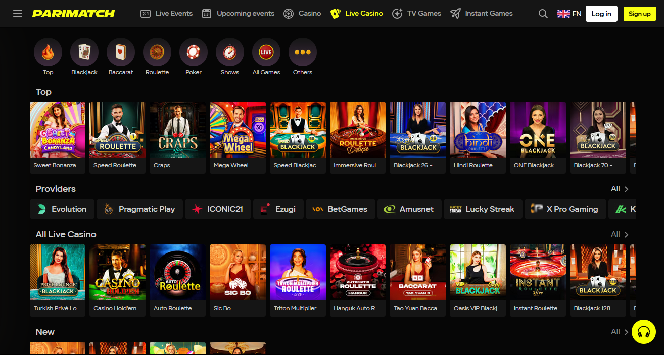 Parimatch India live casino section with real dealers and card games