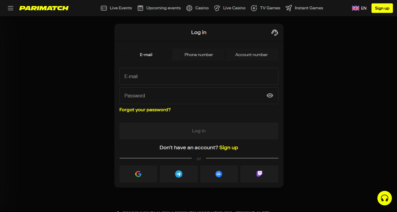 Parimatch India login form with email and phone number options