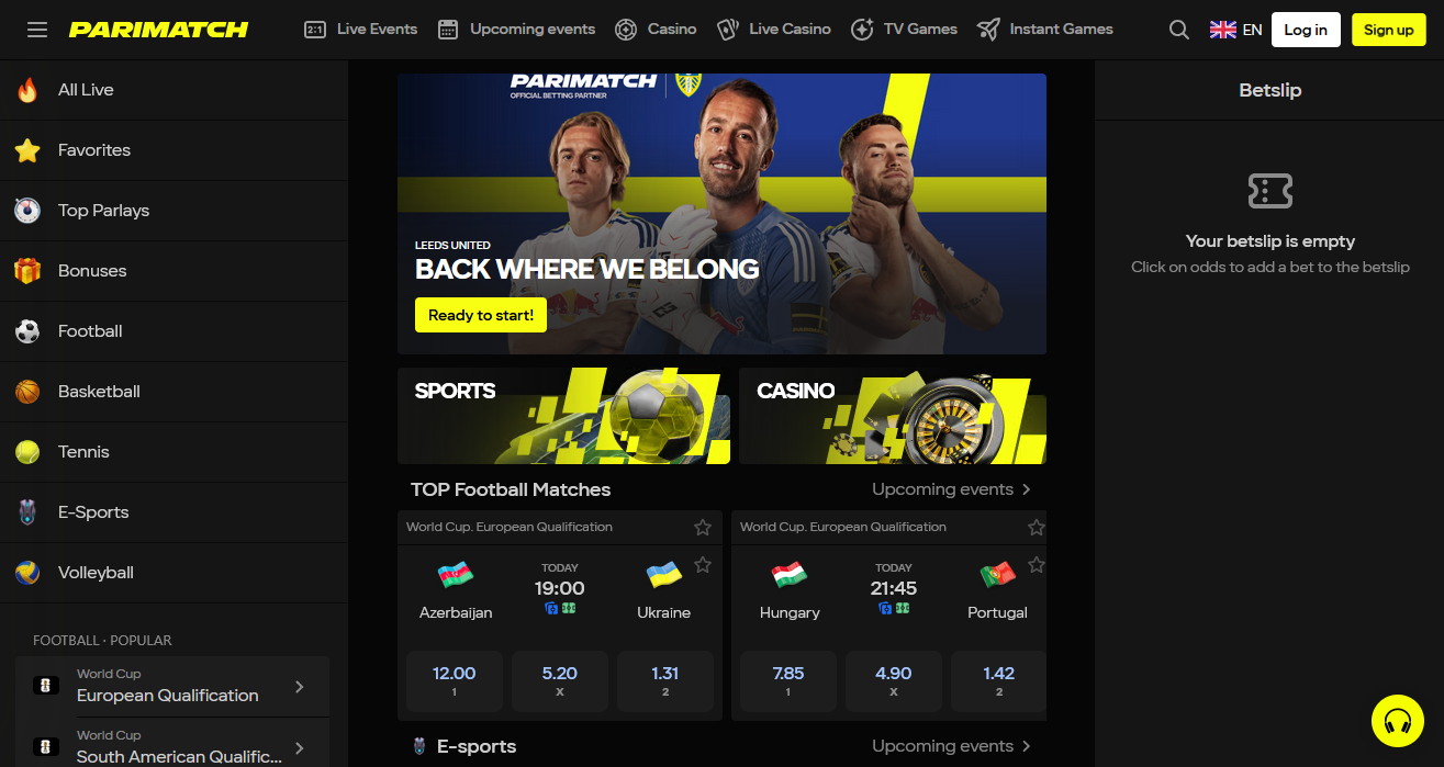 Parimatch India main homepage design with navigation menu