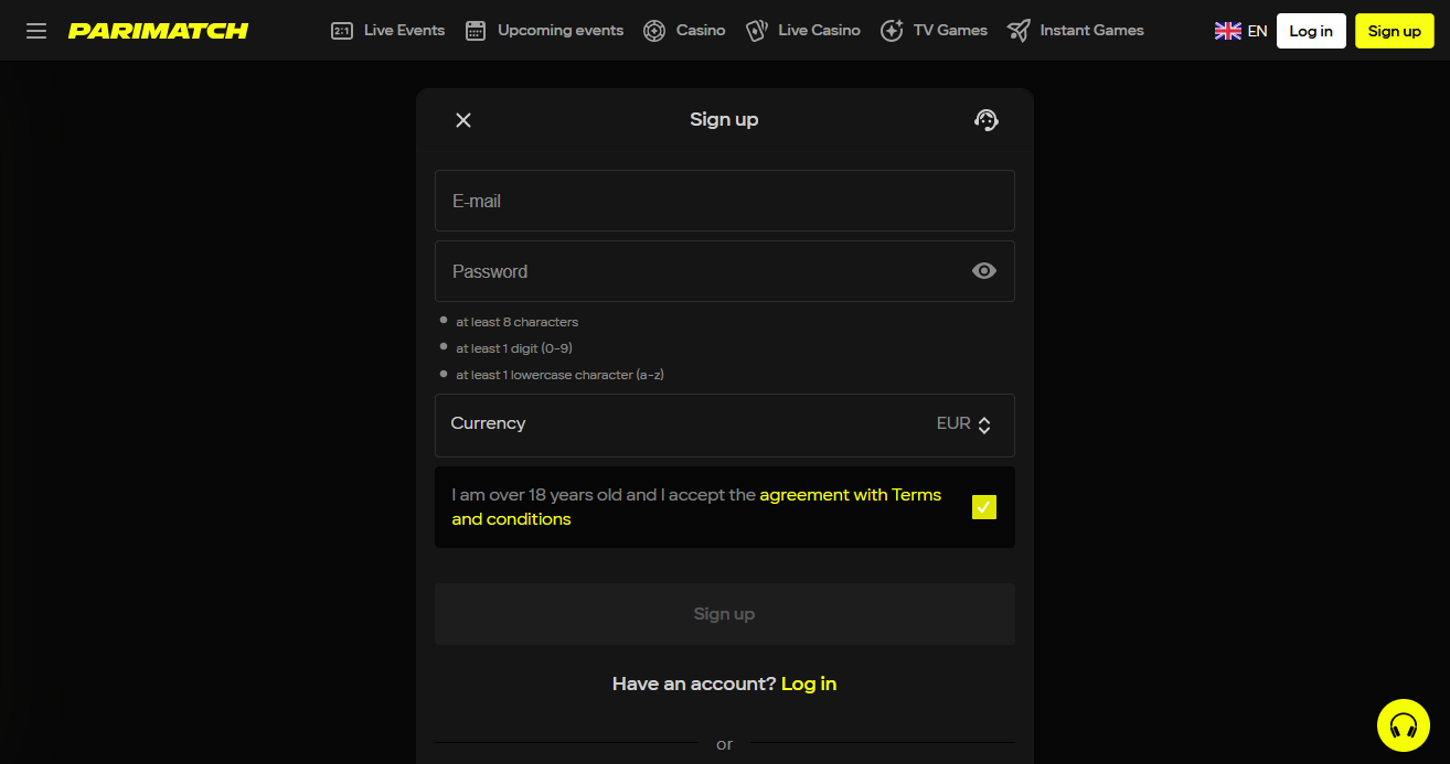 Parimatch India registration form for new users
